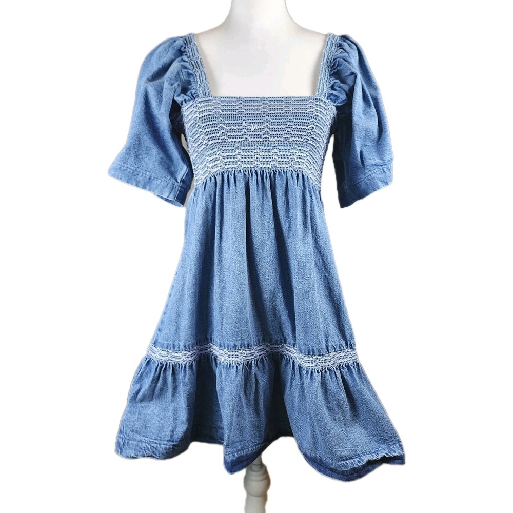 Free People Easy to‎ Love Smocked Denim Mini Dress Womens XS Tiered Casual Boho